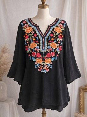 Black Embroidered V-Neck Floral Tunic Top